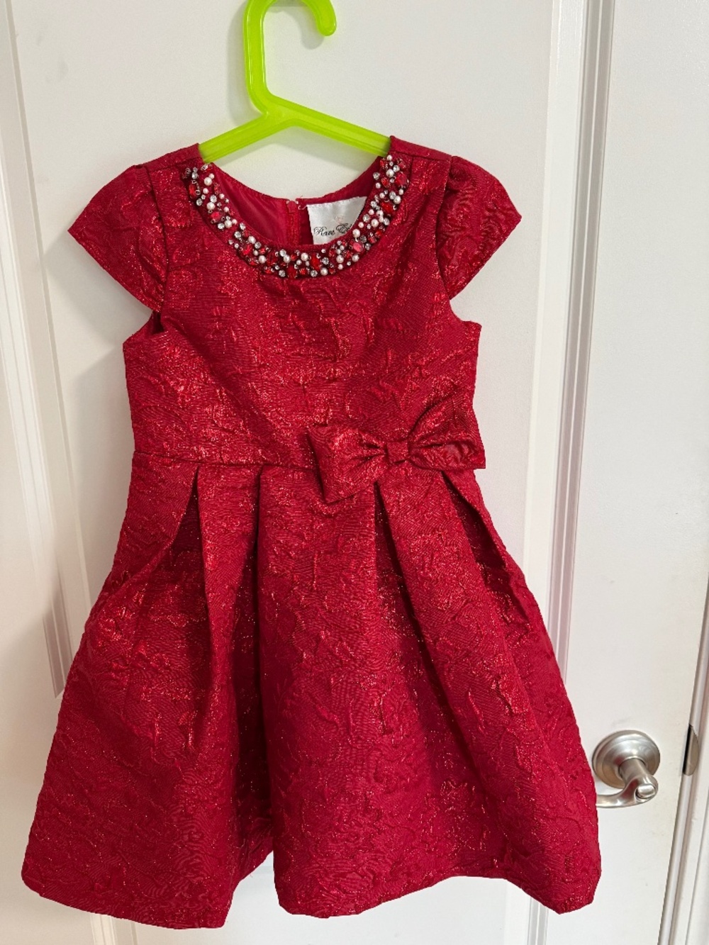 Rare Editions Girl’s Red Jacquard Dress with Jeweled Neckline